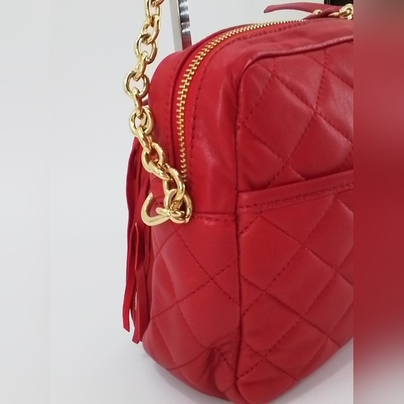 ISAAC Mizrahi RED Quilted Leather Crossbody Handbag Tan Chain Strap Shoulder Bag - Picture 7 of 13